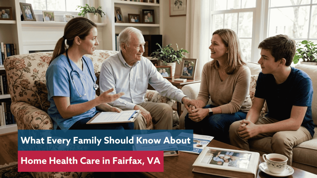 Home health nurse sitting in a living room discussing care options with an elderly man and his family.